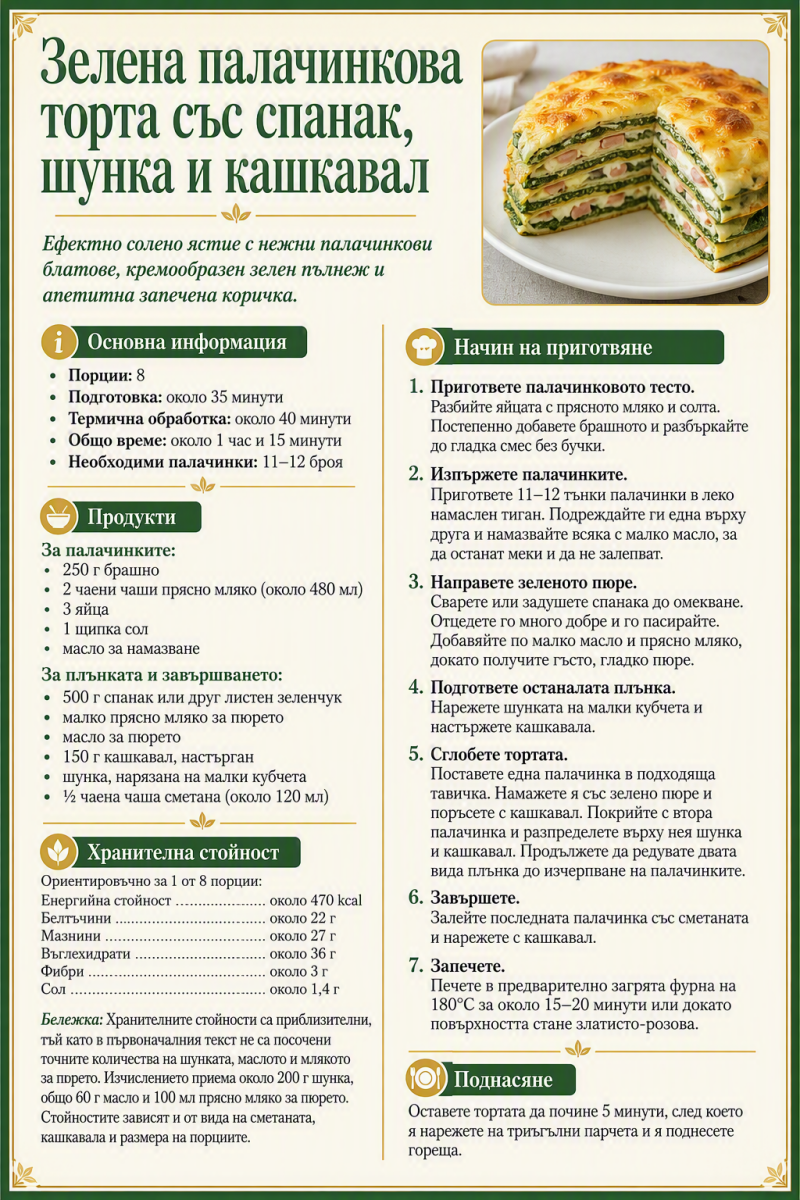 Зелена палачинкова торта със спанак, шунка и кашкавал