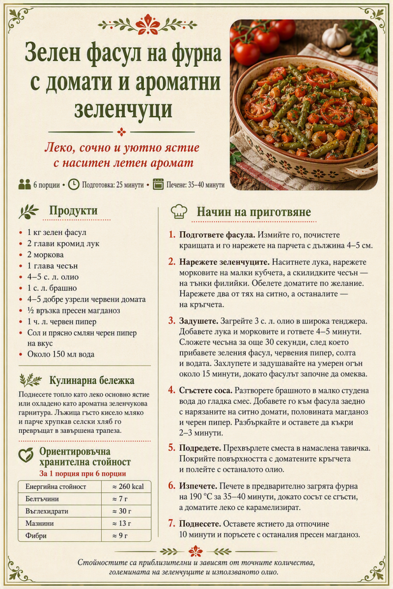 Зелен фасул на фурна с домати и ароматни зеленчуци