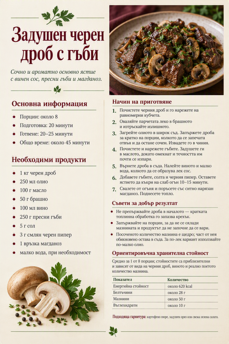 Задушен черен дроб с гъби