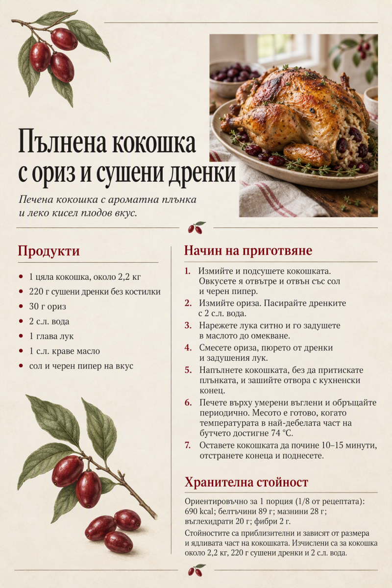 Пълнена кокошка с ориз и сушени дренки 