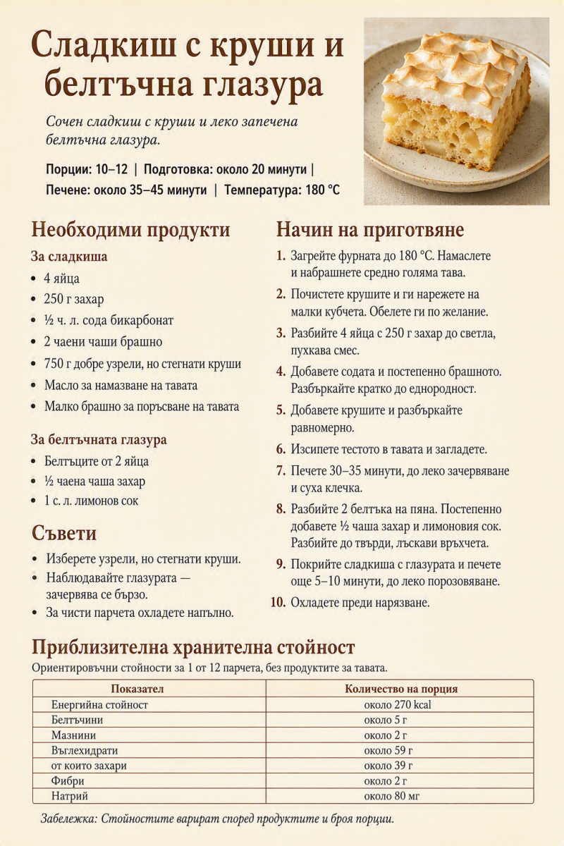 Сладкиш с круши и белтъчна глазура