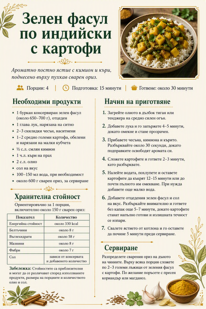 Зелен фасул по индийски с картофи