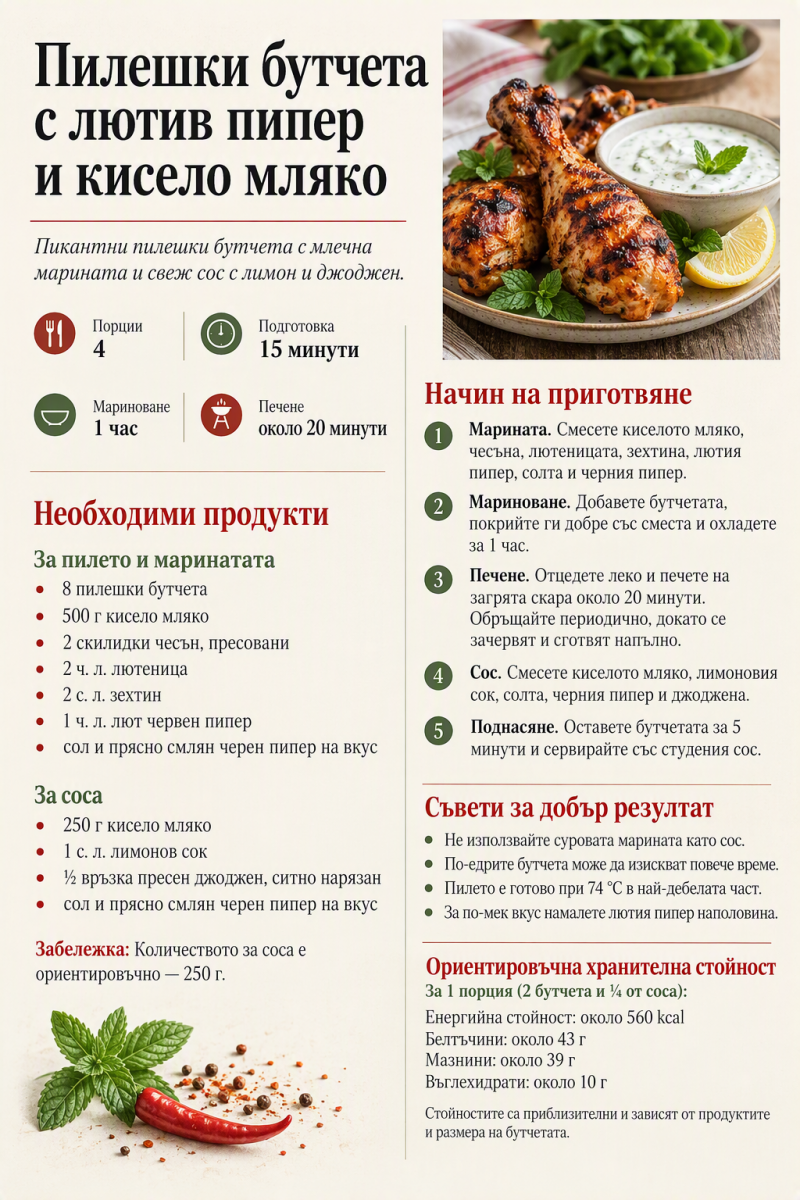 Пилешки бутчета с лютив пипер и кисело мляко