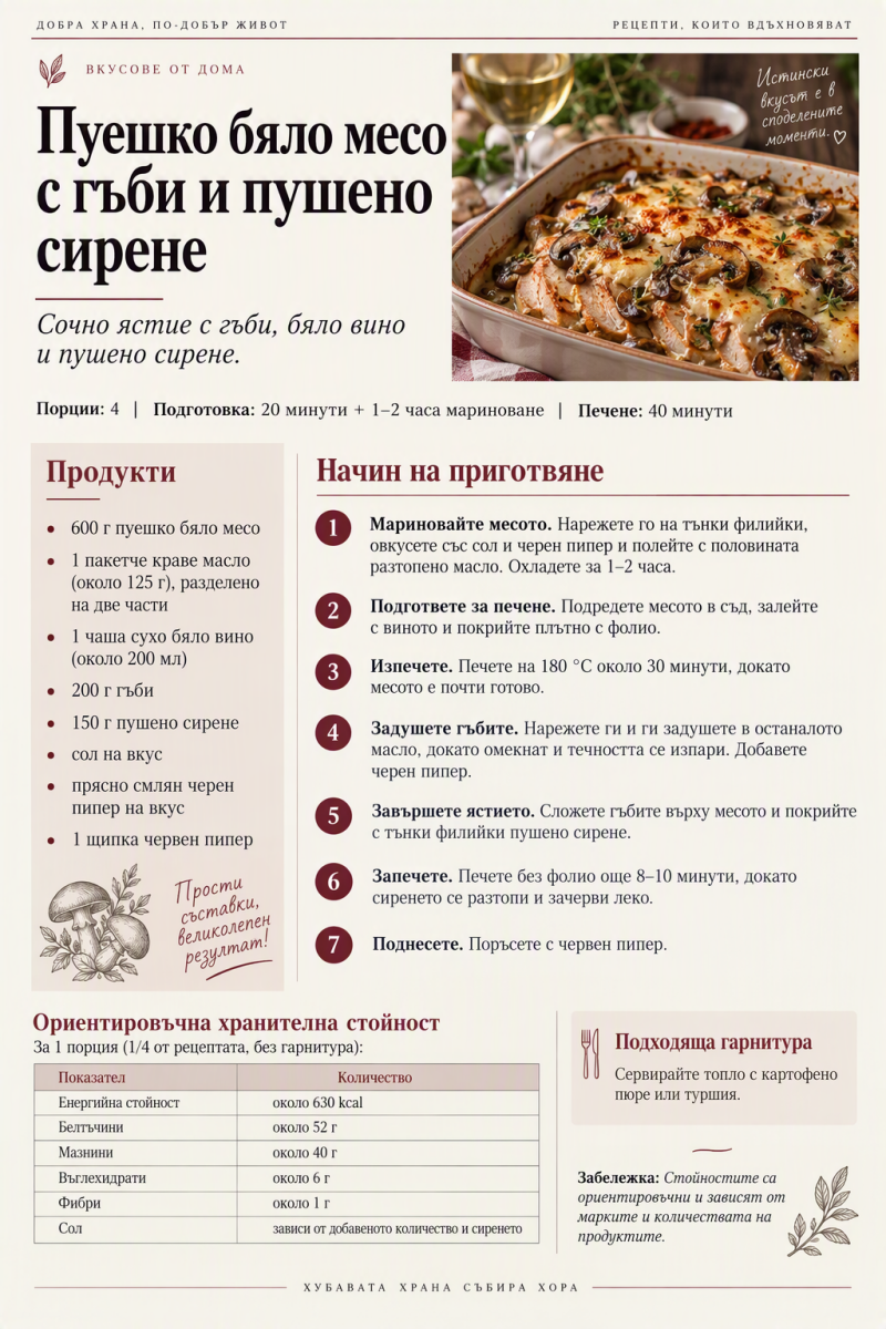 Пуешко бяло месо с гъби и пушено сирене 
