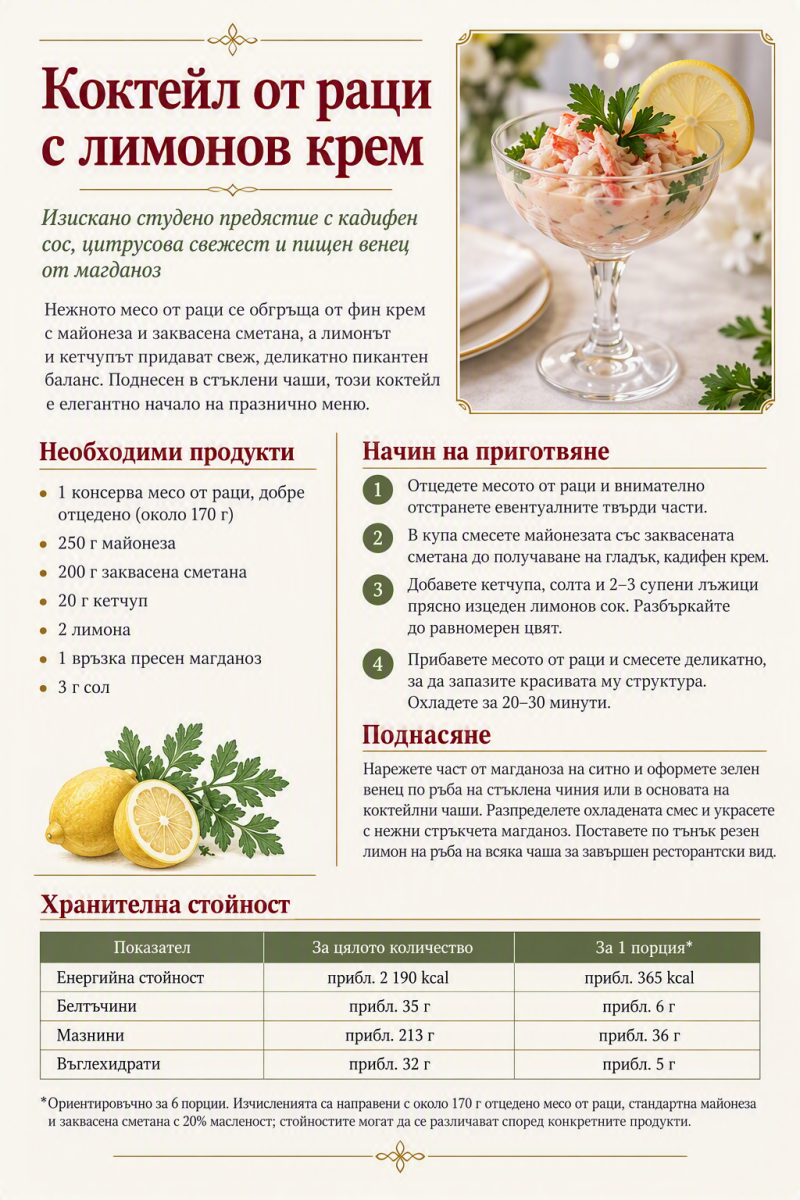 Коктейл от раци с лимонов крем