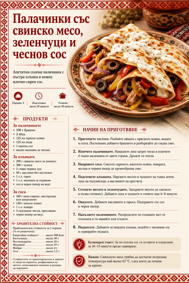 Палачинки със свинско месо, зеленчуци и чеснов сос