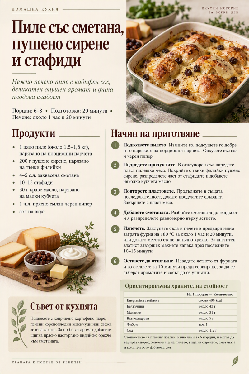 Пиле със сметана, пушено сирене и стафиди 