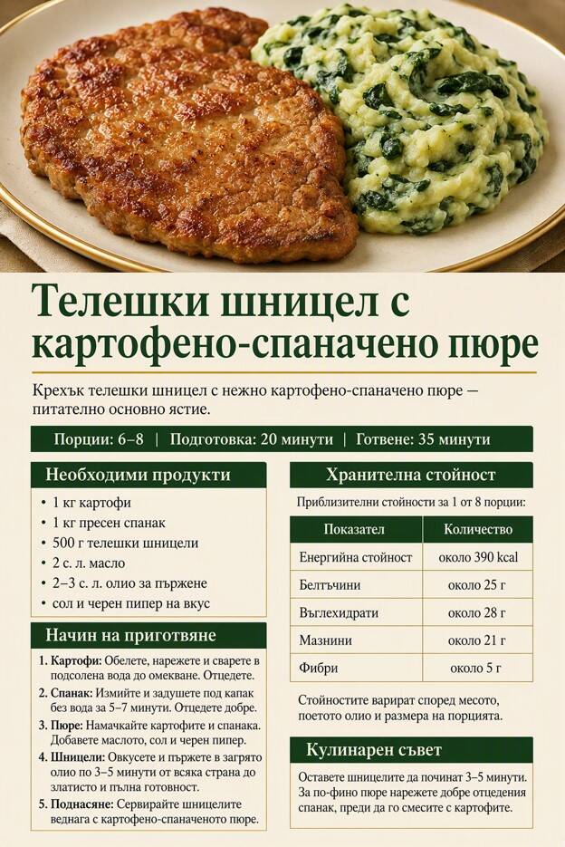 Телешки шницел с картофено-спаначено пюре