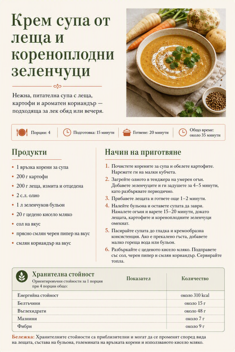 Крем супа от леща и кореноплодни зеленчуци