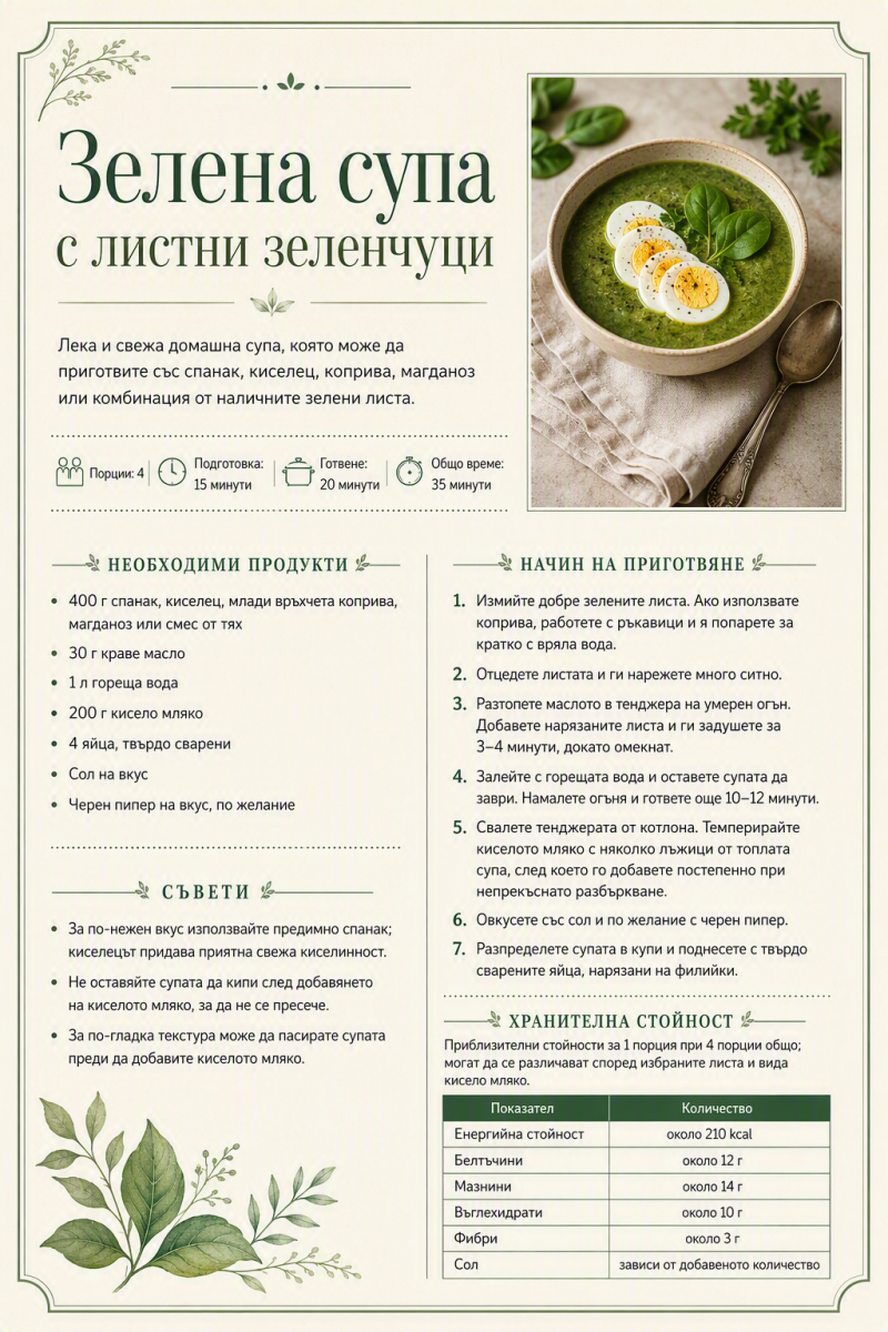 Зелена супа с листни зеленчуци