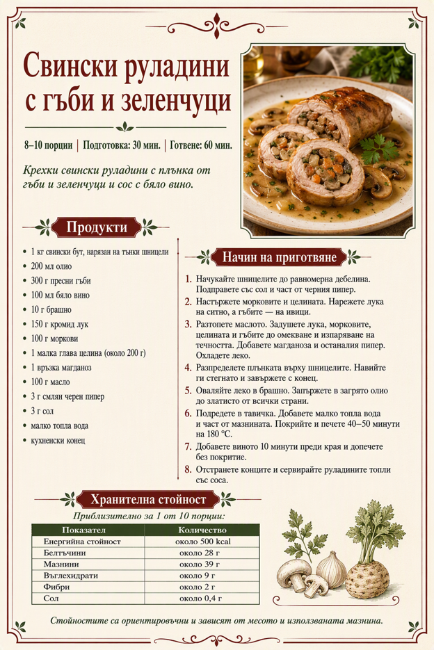 Свински руладини с гъби и зеленчуци