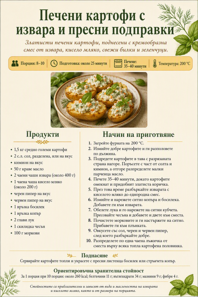 Печени картофи с извара и пресни подправки