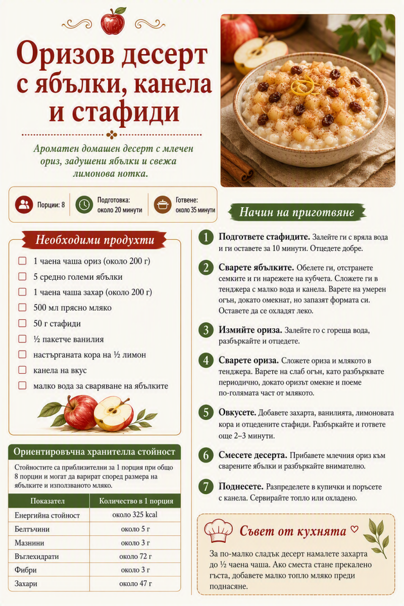 Оризов десерт с ябълки, канела и стафиди