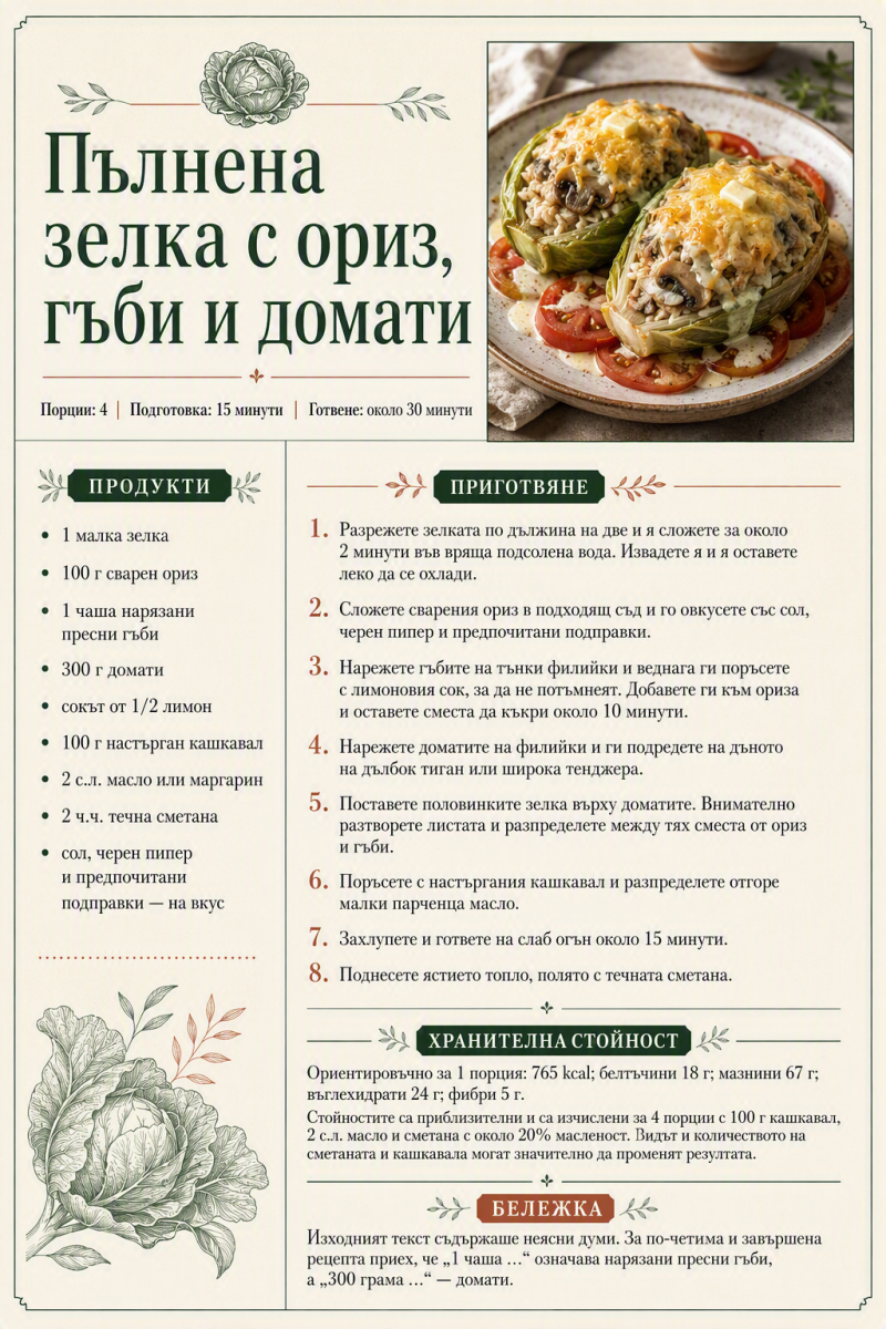 Пълнена зелка с ориз, гъби и домати
