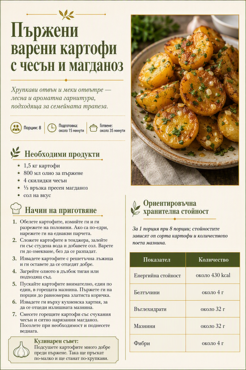 Пържени варени картофи с чесън и магданоз