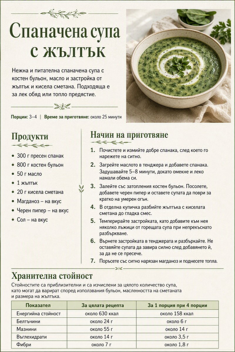 Спаначена супа с жълтък