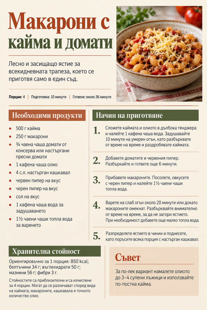 Макарони с кайма и домати 