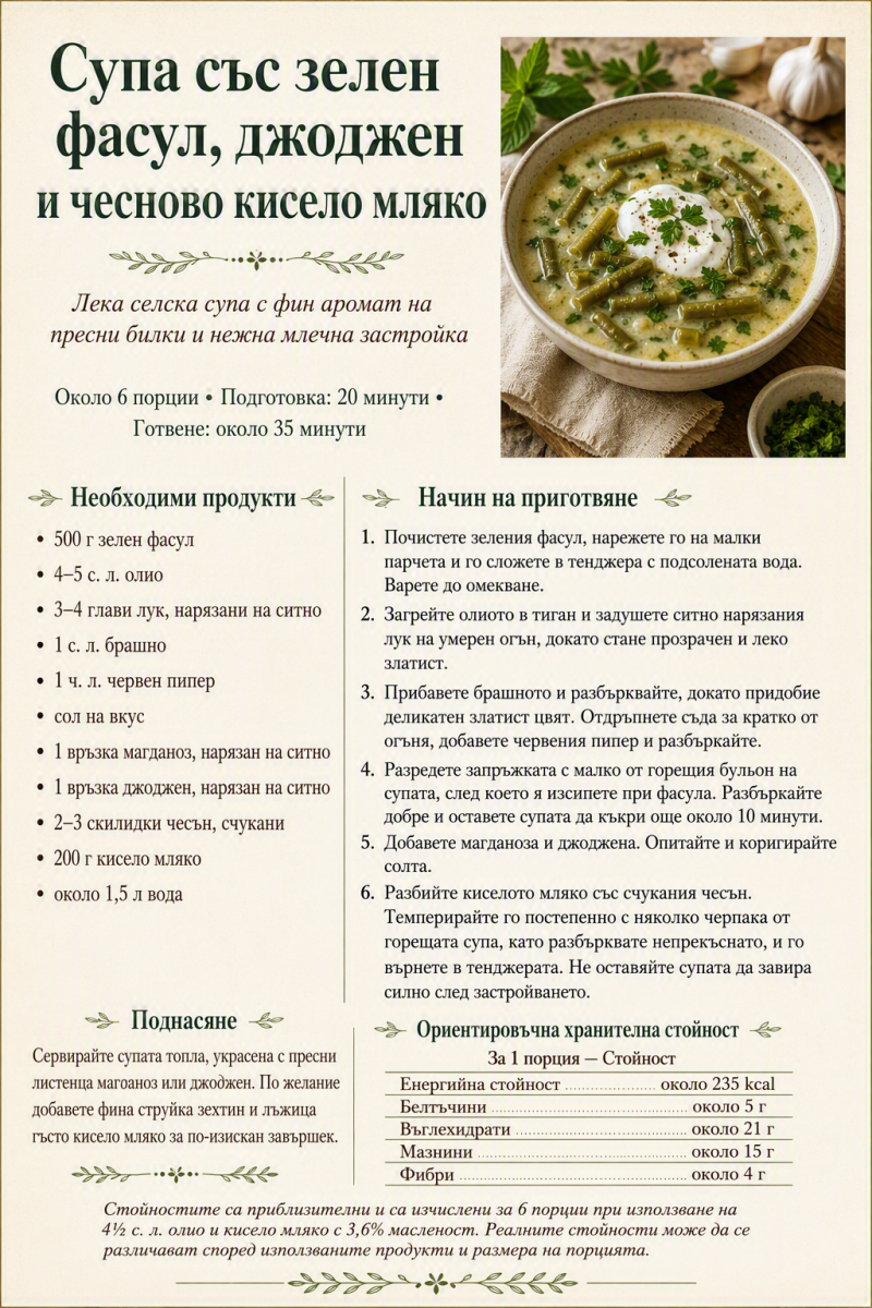 Супа със зелен фасул, джоджен и чесново кисело мляко