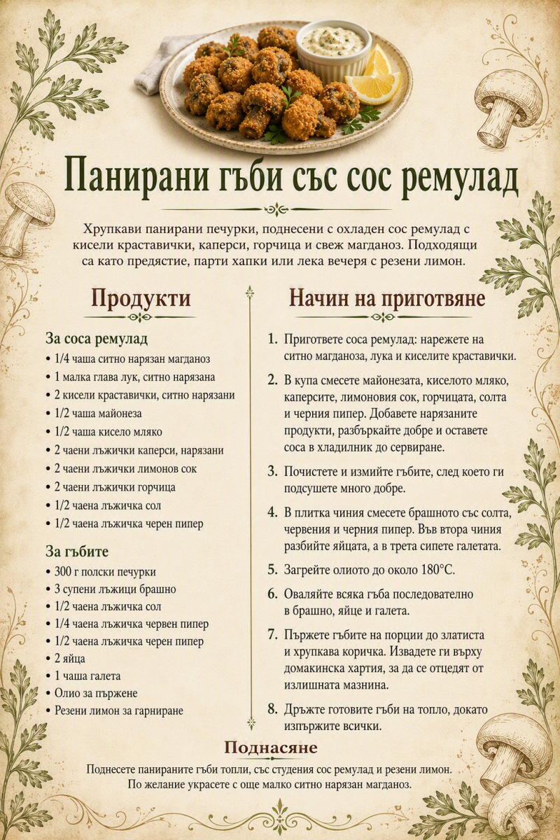 Панирани гъби със сос ремулад