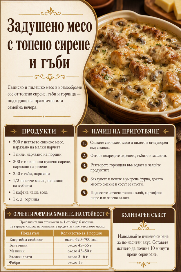 Задушено месо с топено сирене и гъби