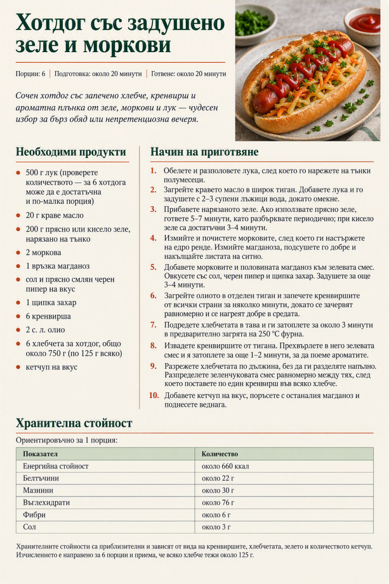 Хотдог със задушено зеле и моркови