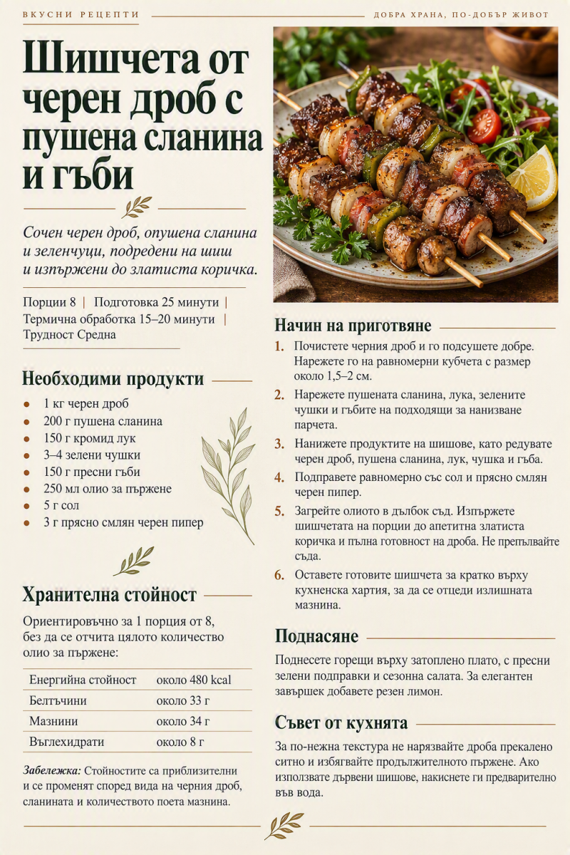 Шишчета от черен дроб с пушена сланина и гъби 