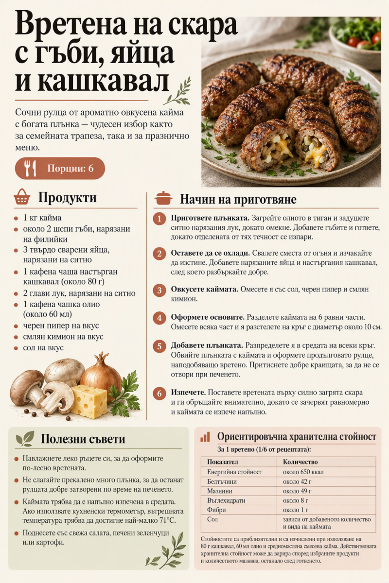 Вретена на скара с гъби, яйца и кашкавал