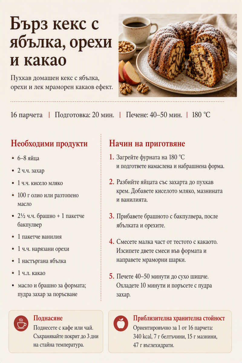 Бърз кекс с ябълка, орехи и какао