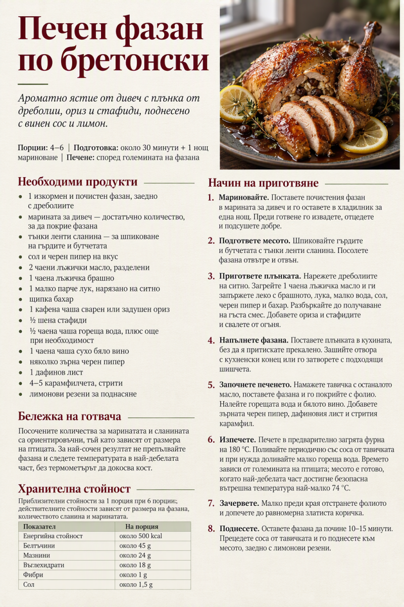 Печен фазан по бретонски