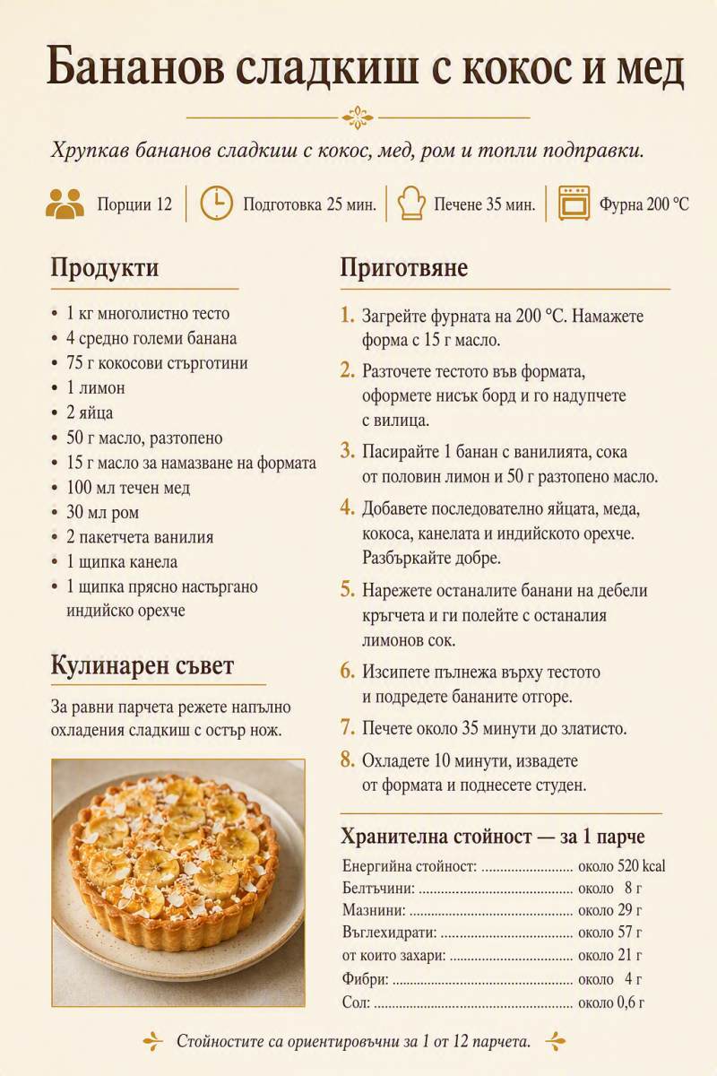 Бананов сладкиш с кокос и мед