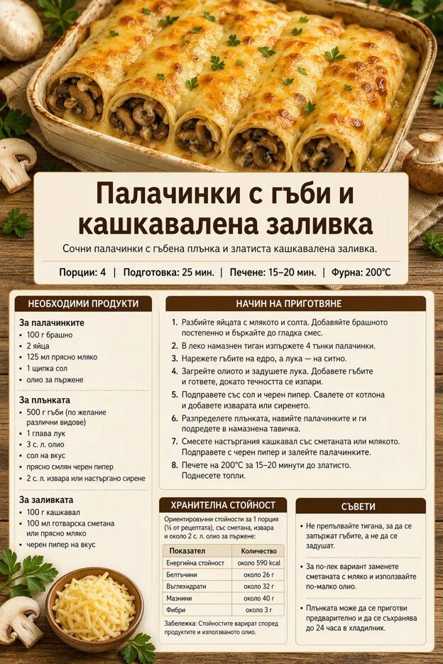 Палачинки с гъби и кашкавалена заливка