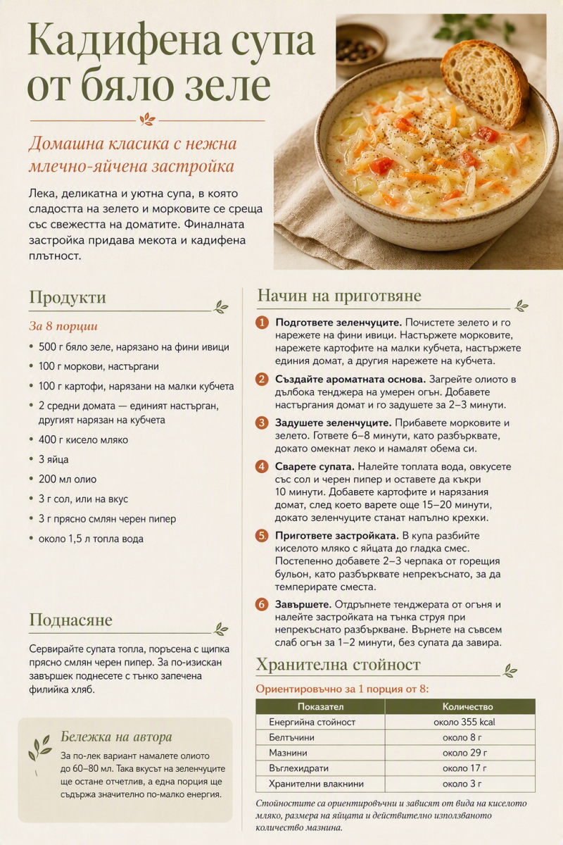 Кадифена супа от бяло зеле