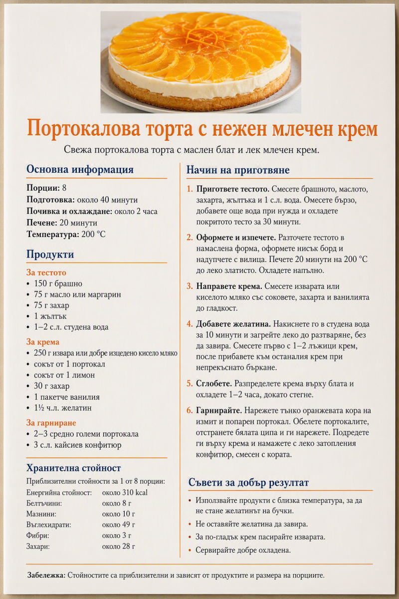 Портокалова торта с нежен млечен крем