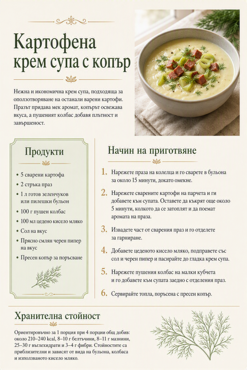 Картофена крем супа с копър