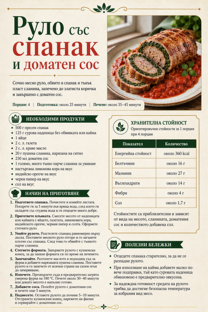 Руло със спанак и доматен сос