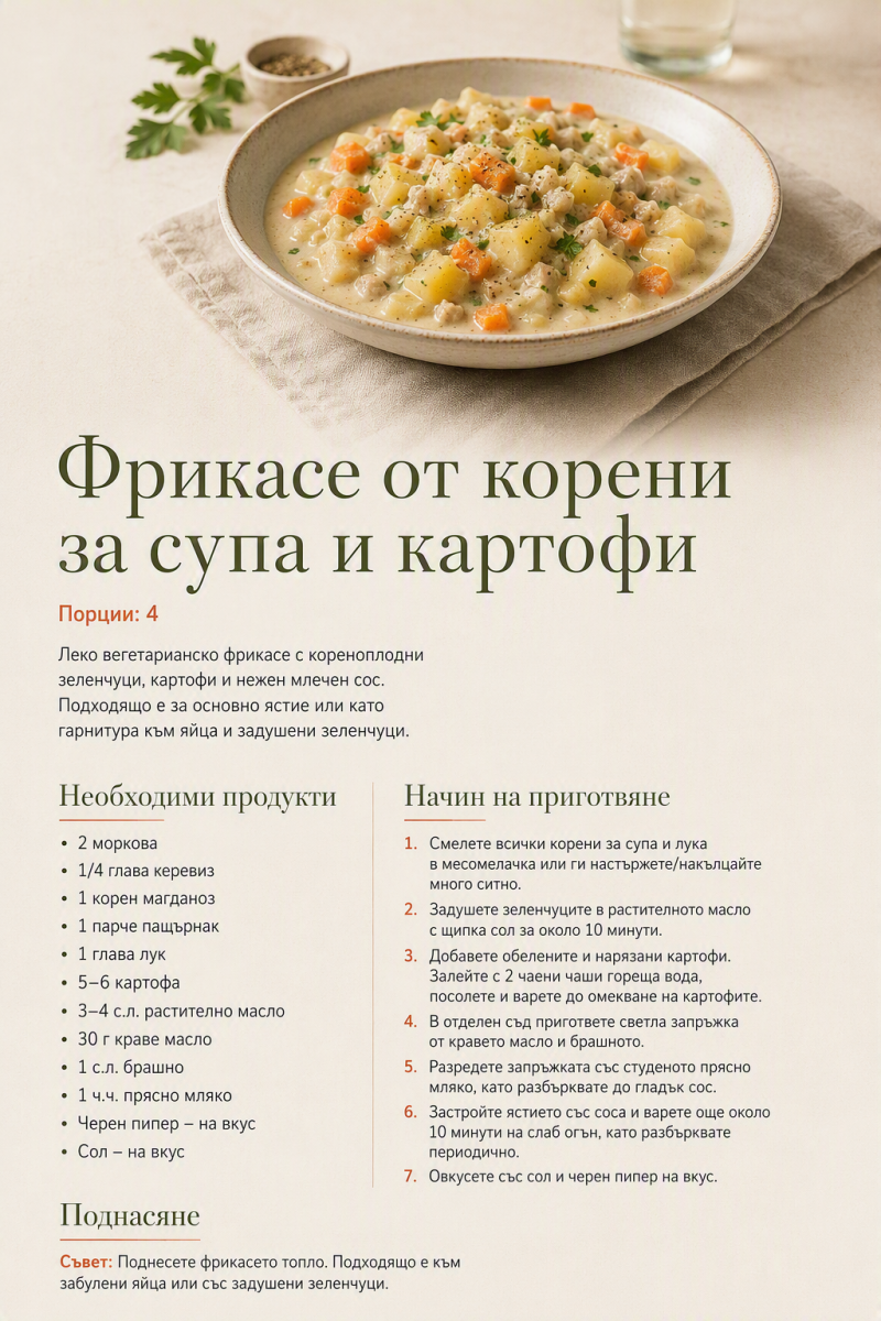 Фрикасе с кореноплодни зеленчуци и картофи