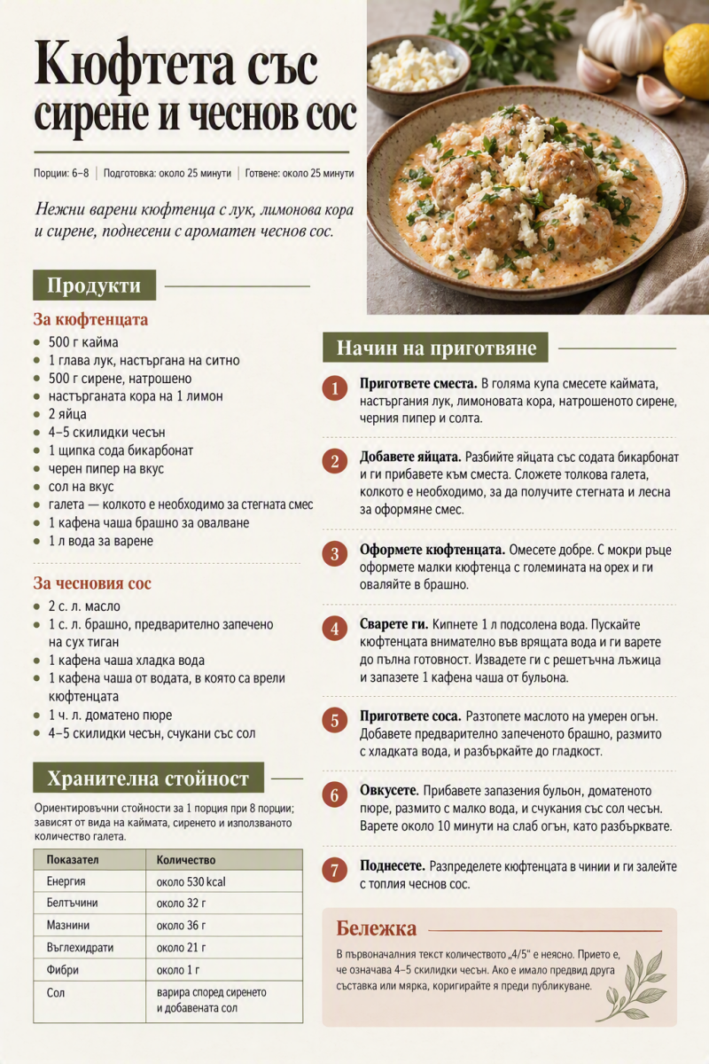 Кюфтета със сирене и чеснов сос 