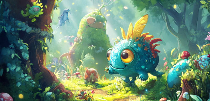 Sininen mielikuvitus olento metsäisessä fantasia pelimaailmassa.