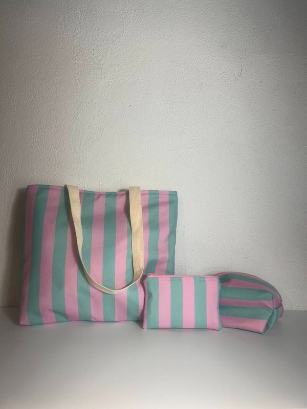 bolso rayas pack monedero y mini neceser