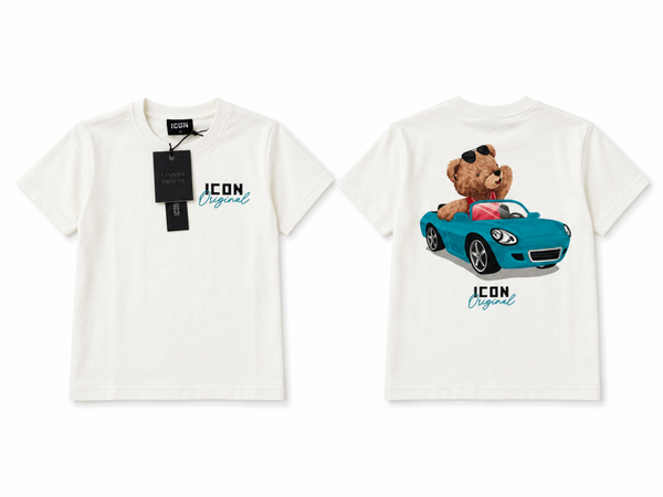 Icon t-shirt wit blauwe auto met beer