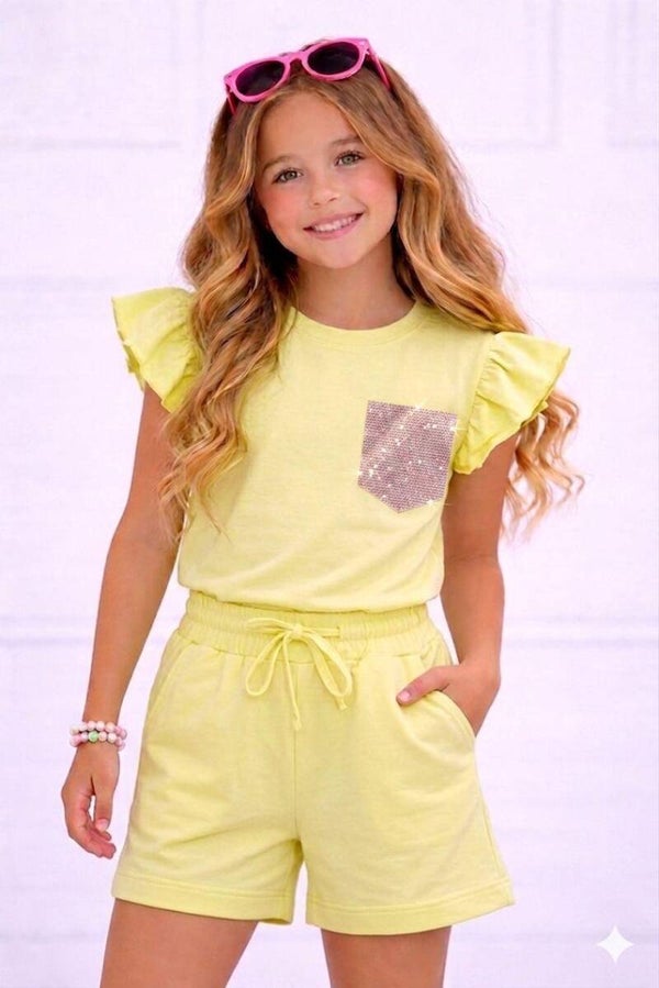 Glitter vlinder mouw set geel