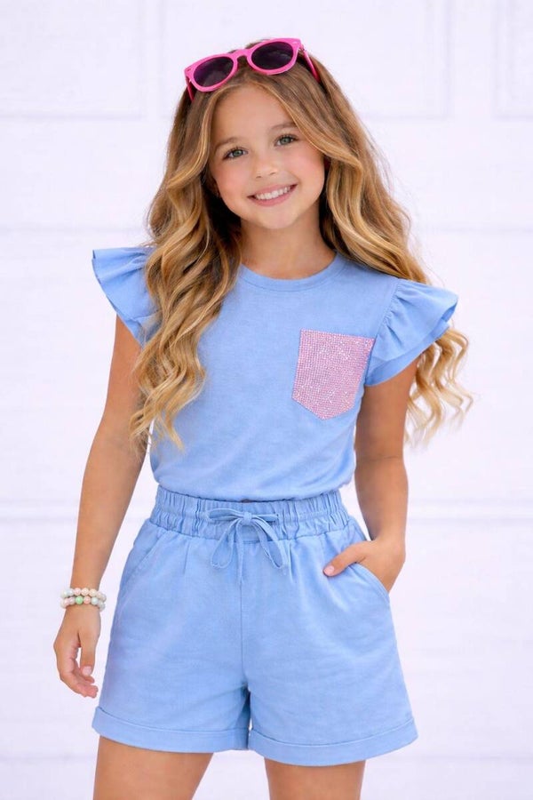 Glitter vlinder mouw set blauw