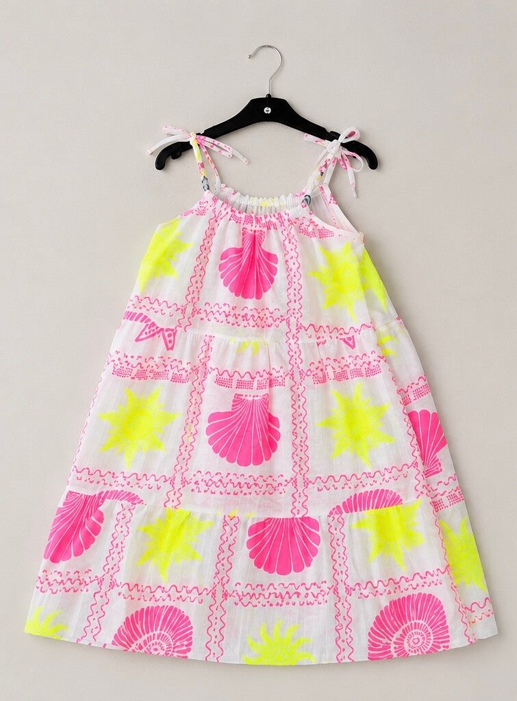 Schelpen jurk geel/roze