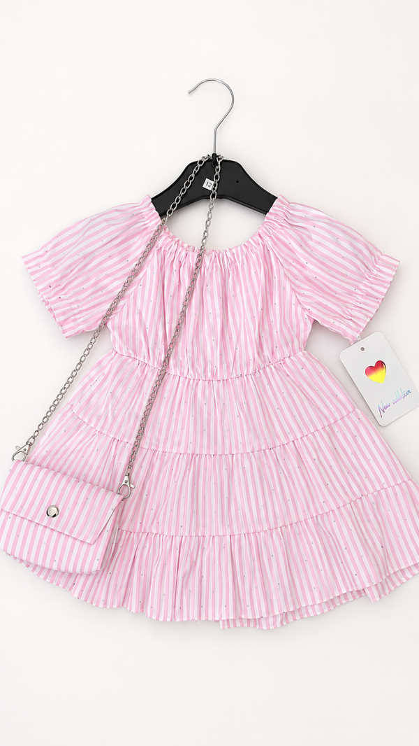 Mini roze-glitter jurk met tas