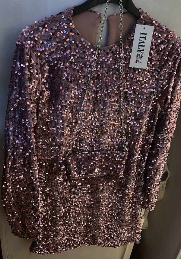 Roze glitterjurk met tas