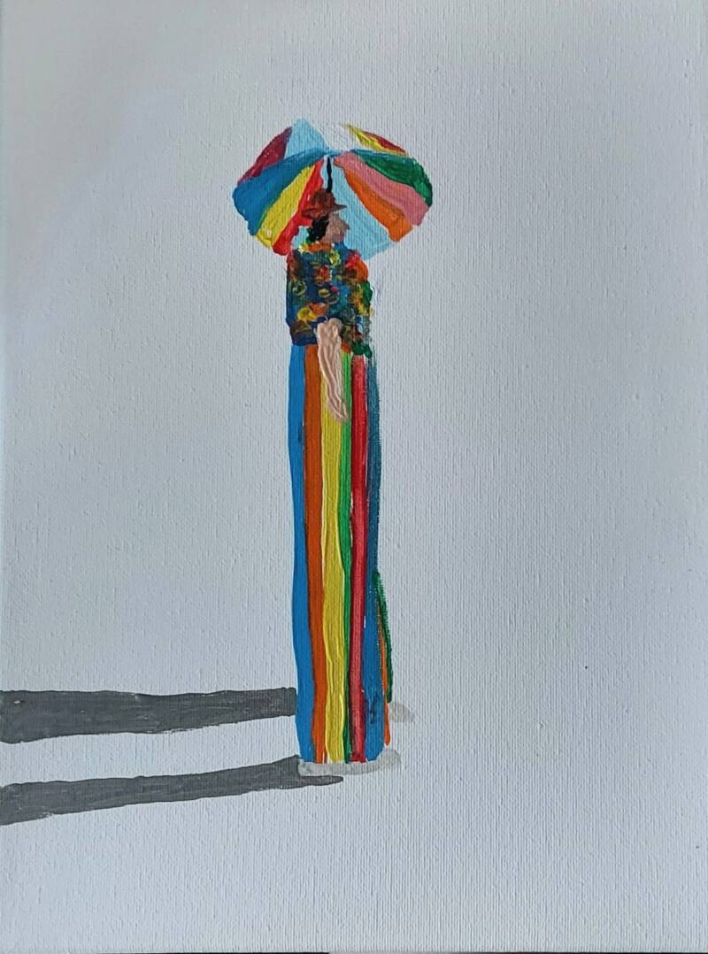 Abstract painting of clown on stilts
