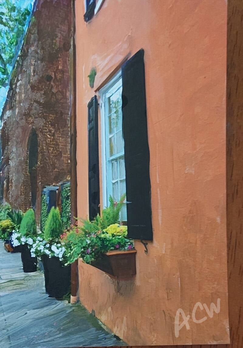 window box with flowers Charleston SC Orrange wall