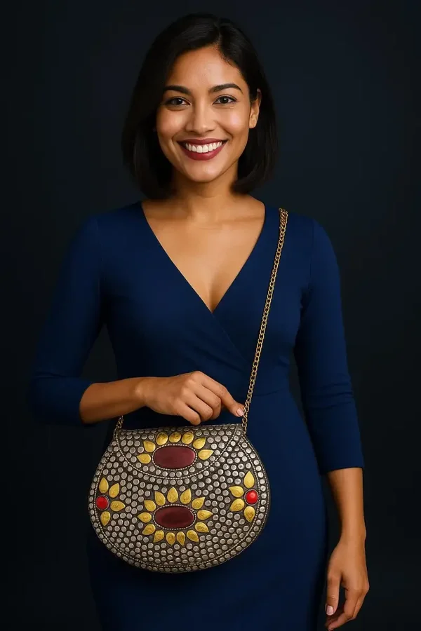 ✨ Handmade Brass Mosaic Bag with Red & Gold Floral Inlay – Bohemian Evening Clutch ✨