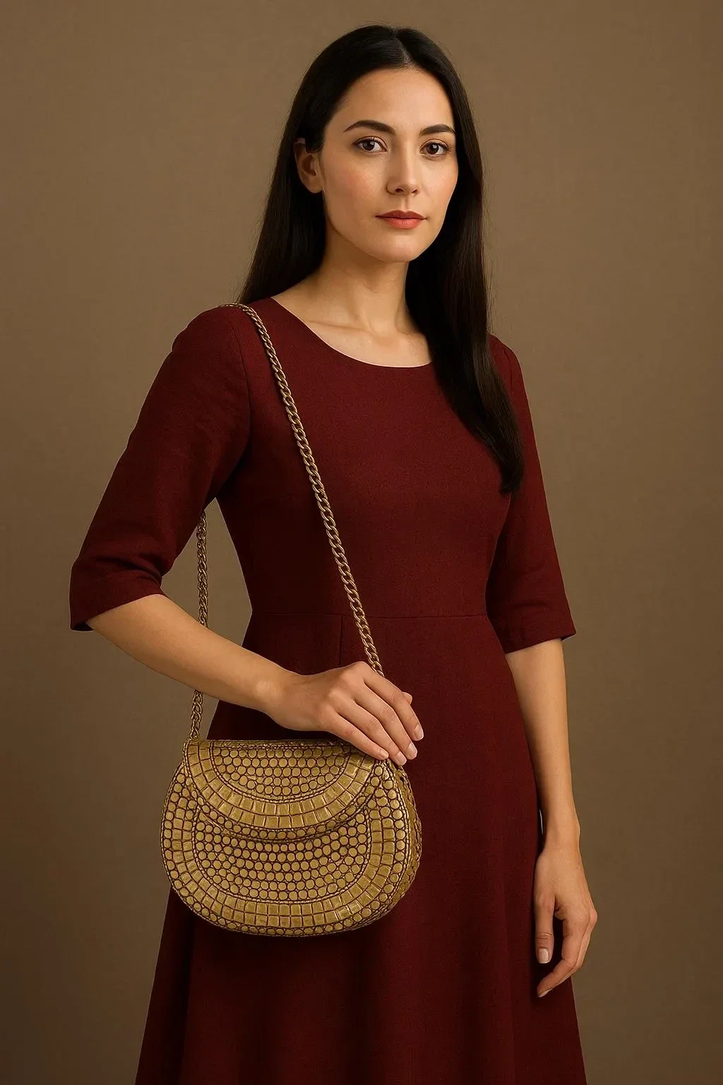 ✨ Gold Mosaic Metal Halfmoon Clutch – Handmade Brass Evening Bag ✨