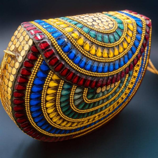 🌈 Handmade Multicolor Brass Mosaic Bag – Bohemian Halfmoon Clutch ✨